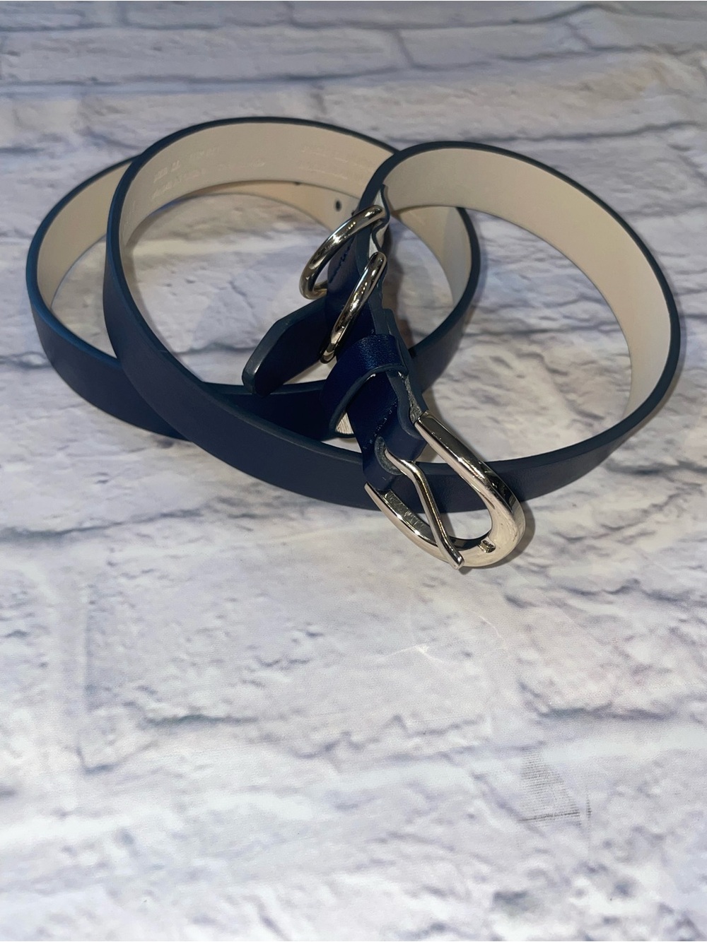 White House Black Market Navy Leather Belt with Silver Buckle. XL